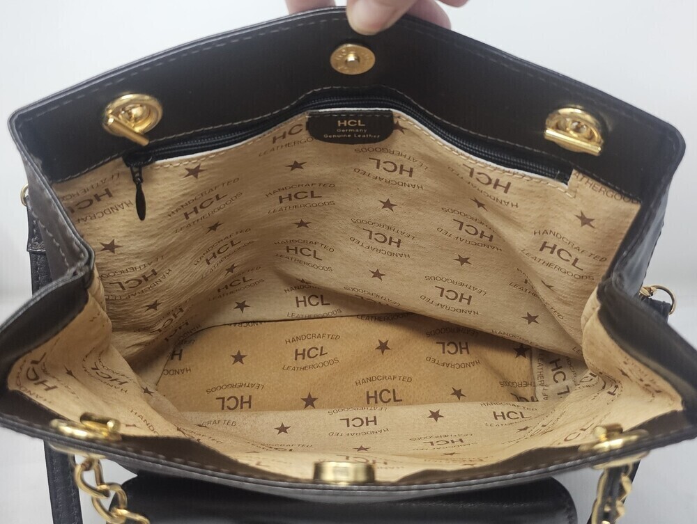 HCL Germany Vintage Leather Bucket Shoulder Bag Gold Chain Front Flap Brown - Picture 4 of 13